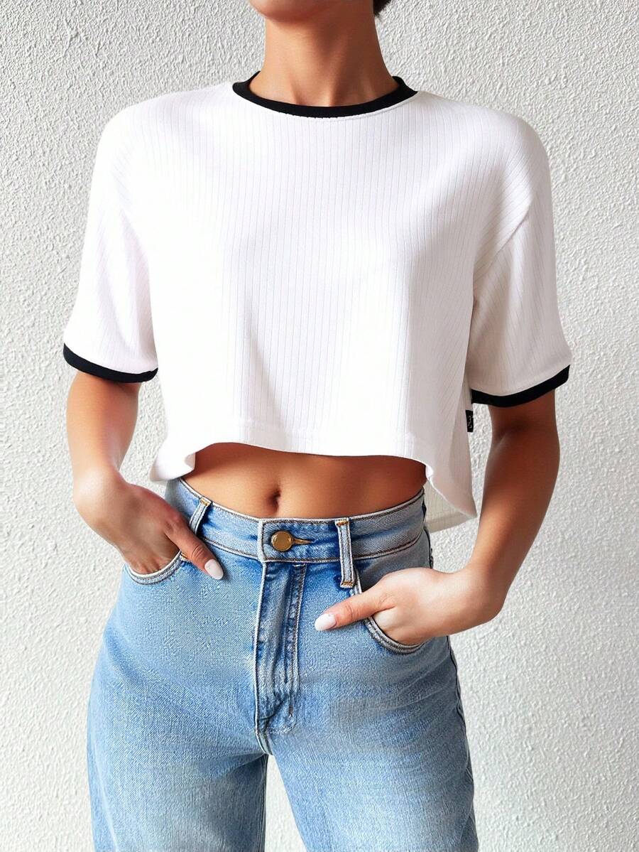 Playera blusa mujer dama manga corta tela Rib Crop con Contraste diseño elegante moderno juvenil casual Frescura y Estilo Urbano - Blanco - Ver 1