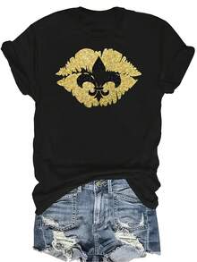 Camiseta de fútbol de Nueva Orleans para mujer y unisex, de verano, casual, transpirable, con personalidad, cuello redondo, manga corta, ropa de calle, versátil, adecuada para adolescentes y adultos - Negro - Ver 1
