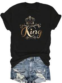 Camiseta con patrones interesantes para mujer y unisex, de verano, casual, transpirable, con cuello redondo, manga corta, estilo urbano y versátil, adecuada para adolescentes y adultos - Negro - Ver 1