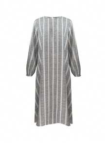 女士时尚简约条纹长袖连衣裙，适合所有季节 - 灰色 - 查看 4