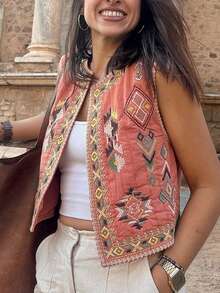 Women's Retro Style Sleeveless Jacket Elegant Comparison Sleeveless Jacket - Burnt Orange - View 3