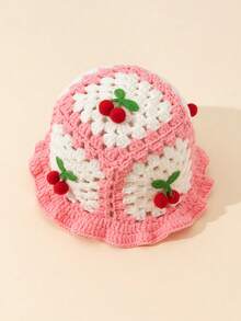 1pc Girls Winter Knitted Hollow Cherry Warm Hat, Fashion Kids Knitted Cap, Hand-Knitted Cherry Hat Suitable For 3-8Y