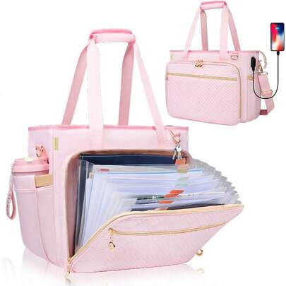 Teacher Tote Bag With Accordion File Organizer Pocket Soft Nylon Utility Bag With 15.6 Inch Laptop Compartment USB Port Large Work Tote Bag For Office Supplies Women Pink