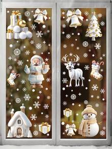 111pcs (9 Sheets) Christmas Glass Stickers, Snowflake, Santa Claus, Reindeer, Snowman Pattern Christmas Window Decorative Stickers, Suitable For Indoor Window Decoration During Winter Holidays - White & Gold Series
