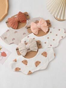Baby Nylon Bow Knitted Headband, Floral Crinkle Fabric 360° Fake Collar, Cloud Drool Bib, Cute Infant Feeding Bibs Set - Multicolor - View 3
