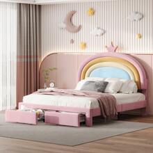 PRINCESS LOVESEAT SOFA BED PU LEATHER UPHOLSTERED LOW SOFA BED WITH BUTTON TUFTED CUTE CROWN HEADBOARD FOR KIDS, PINK