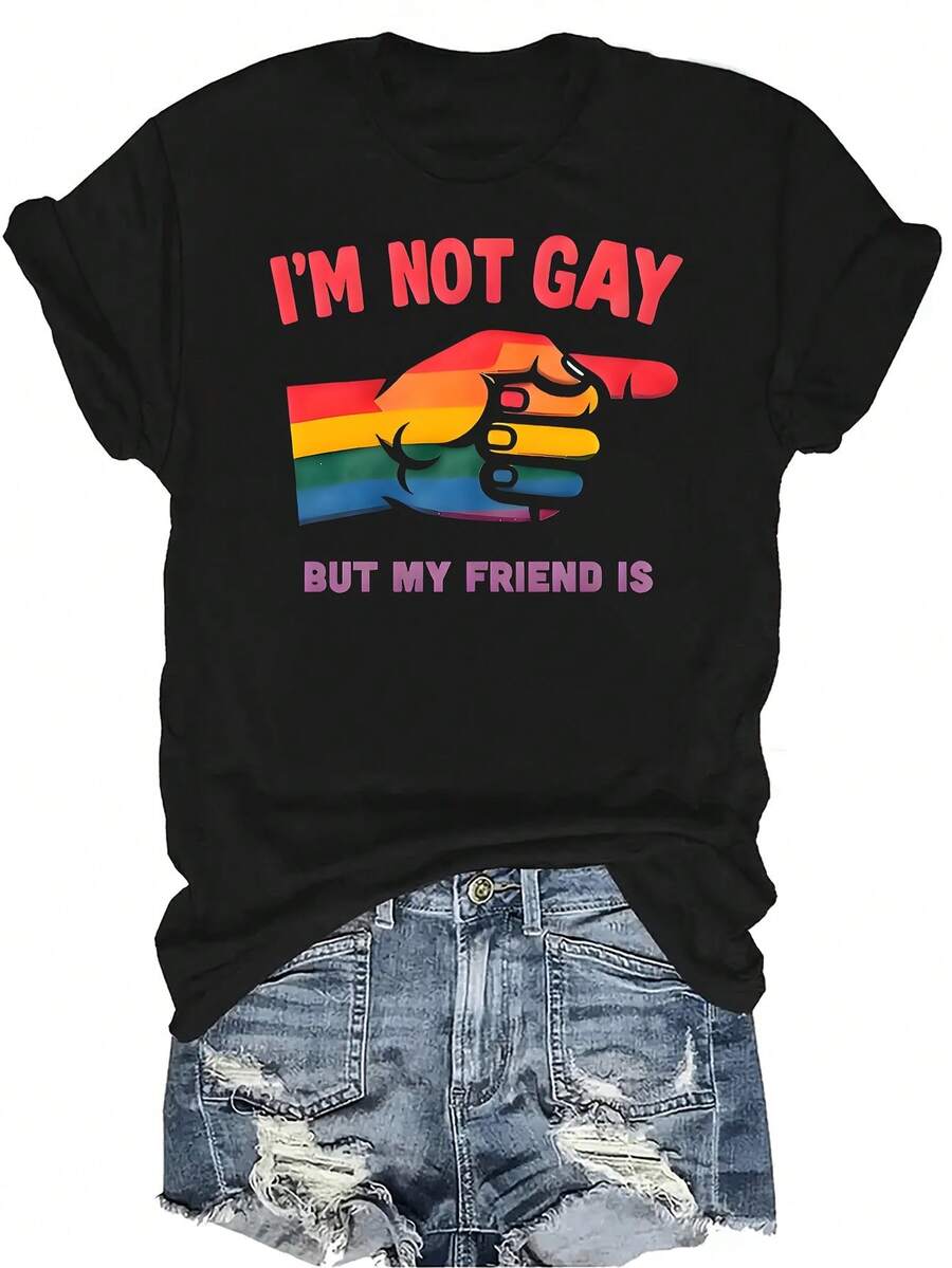 No soy gay, pero mi amigo sí Camiseta para mujer Unisex Verano Casual Transpirable Personalidad Cuello Redondo Manga Corta Camiseta Ropa de calle Versátil, Adecuado para adolescentes y adultos - Negro - Ver 1