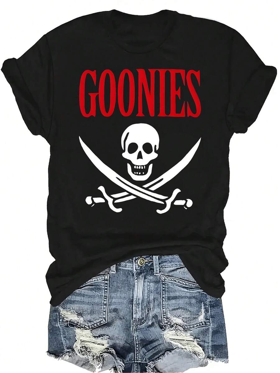 Camiseta con patrones interesantes para mujer y unisex, de verano, casual, transpirable, con cuello redondo, manga corta, estilo urbano y versátil, adecuada para adolescentes y adultos - Negro - Ver 1