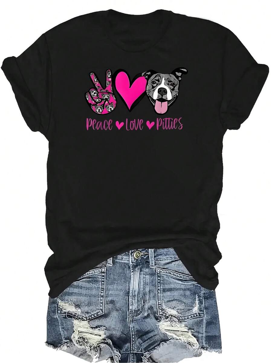 Camiseta con estampado de "Paz, Amor y Pitbulls" para mujer y unisex, de verano, casual, transpirable, con personalidad, cuello redondo, manga corta, ropa de calle, versátil, adecuada para adolescentes y adultos - Negro - Ver 1