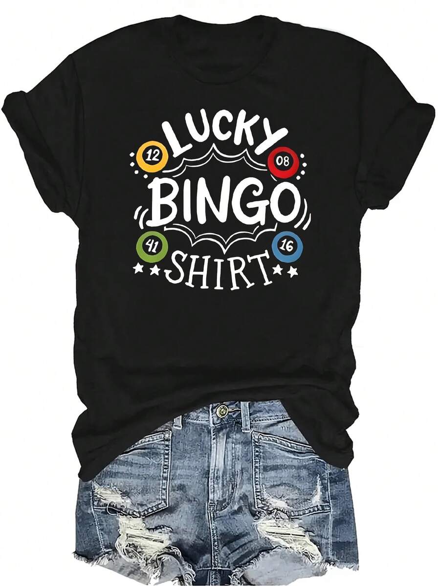 Esta es mi camiseta de bingo con suerte - Camiseta divertida de jugador de bingo para mujeres y unisex, de verano, casual, transpirable, con personalidad, de cuello redondo, de manga corta, de uso versátil, adecuada para adolescentes y adultos - Negro - Ver 1