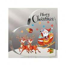 زينة عيد الميلاد المسطحة بتصميم شكل قلب وتمثال ثلجي وغزال مع شعار "عيد ميلاد سعيد" من الاكريليك الشفاف، ديكور مكتبي أو منزلي أو حفلات أعياد الميلاد، زينة عيد الميلاد المتكاملة، لوحات اكريليك شفافة