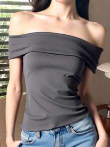 Top Blusa Mujer dama Hombros Descubiertos Tela Rib Pana diseño elegante juvenil moderno casual ideal para salir trabajao Estilo Chic y Confort para Todo Momento - Gris - Ver 1