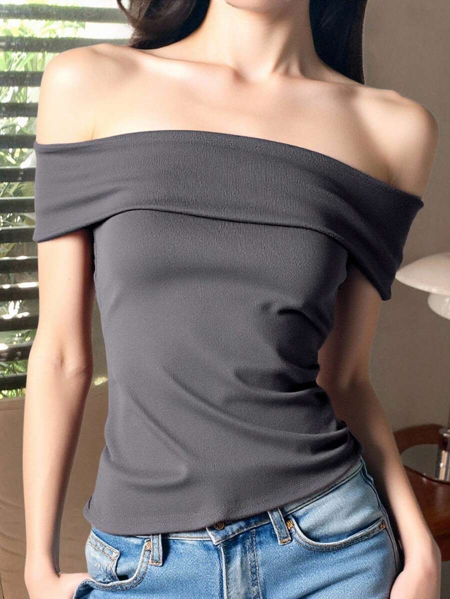 Top Blusa Mujer dama Hombros Descubiertos Tela Rib Pana diseño elegante juvenil moderno casual ideal para salir trabajao Estilo Chic y Confort para Todo Momento - Gris - Ver 1