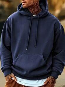 GRDR Men's Casual Street Hooded Sweatshirt, Solid Color With Thermal Lining, Loose Fit, Autumn/Winter - Navy Blue - View 6