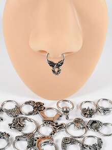 1PC Punk Retro Many Style Nose Stud Bat/Skull/Lizard/Two Dragons Cross Black Oil Drip Hinger Septum Nose Ring Stainless Steel Ear Tragus Cartilage Daith Helix Earring Unisex Gift - Steel - View 5