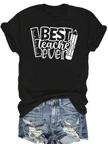 Camiseta "El mejor maestro de todos" para mujer, unisex, de verano, casual, transpirable, de personalidad, cuello redondo, manga corta, ropa de calle, versátil, adecuada para adolescentes y adultos - Negro - Ver 1