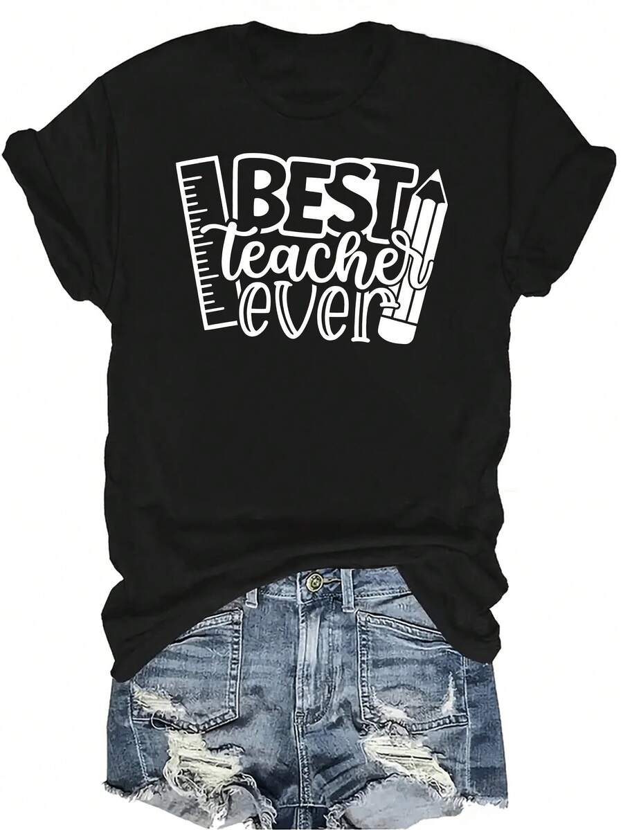 Camiseta "El mejor maestro de todos" para mujer, unisex, de verano, casual, transpirable, de personalidad, cuello redondo, manga corta, ropa de calle, versátil, adecuada para adolescentes y adultos - Negro - Ver 1