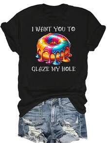 Quiero que me glaseéis mi camiseta de agujero Camiseta de mujer unisex de verano casual transpirable con personalidad, cuello redondo, manga corta, ropa de calle, versátil, adecuada para adolescentes y adultos - Negro - Ver 1