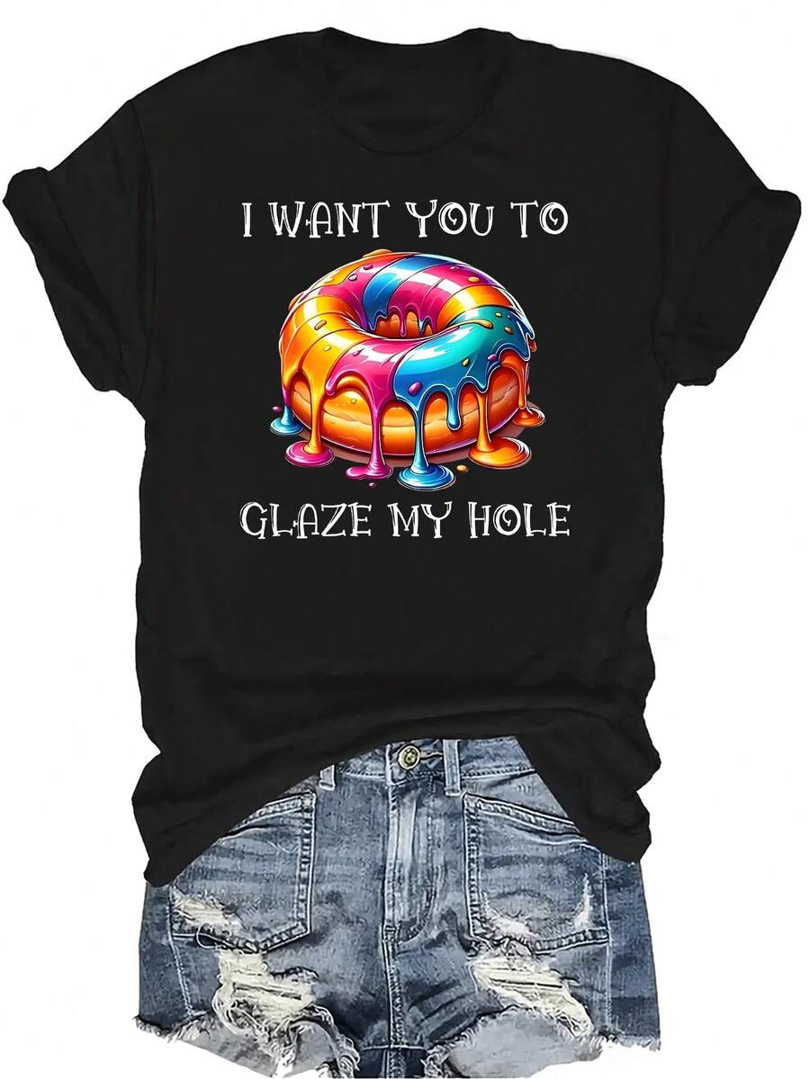 Quiero que me glaseéis mi camiseta de agujero Camiseta de mujer unisex de verano casual transpirable con personalidad, cuello redondo, manga corta, ropa de calle, versátil, adecuada para adolescentes y adultos - Negro - Ver 1