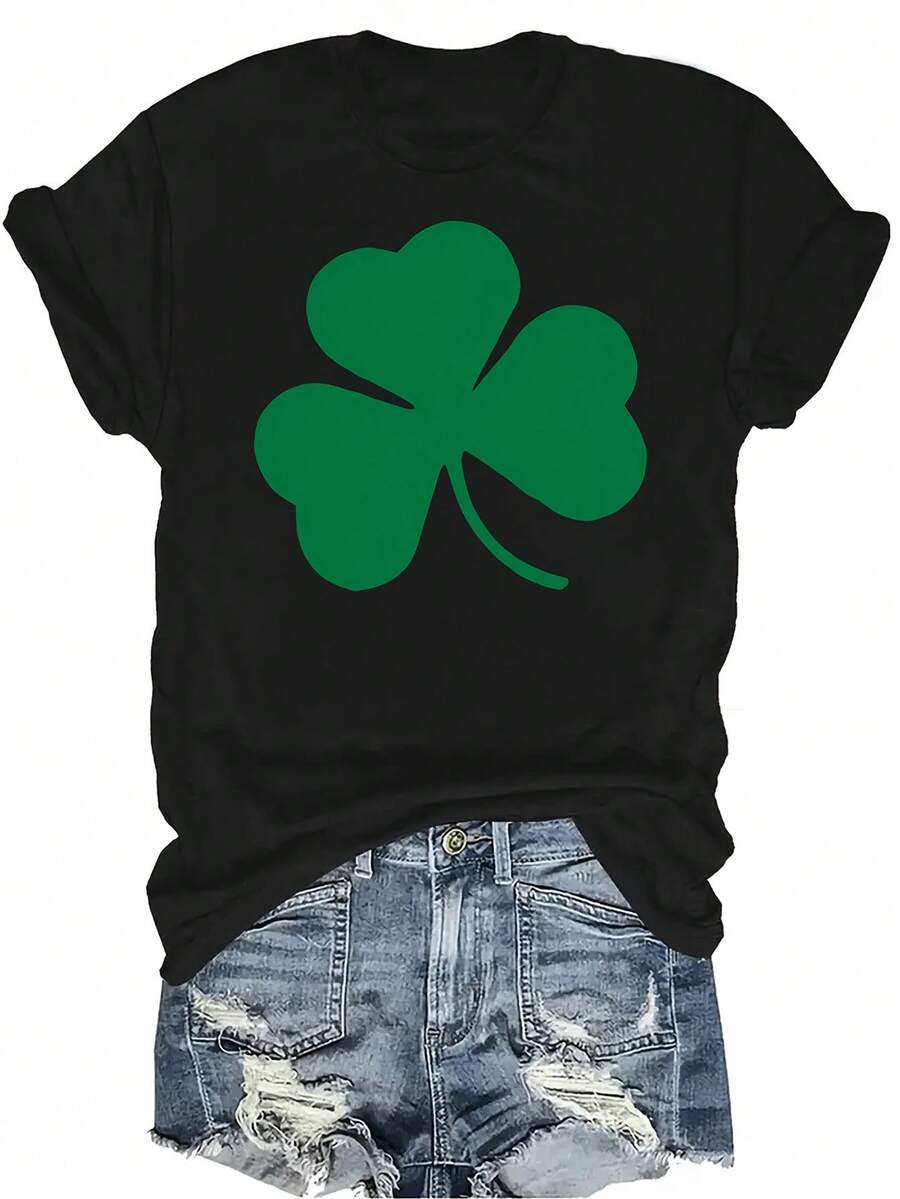Camiseta de trébol verde para mujer y unisex, de verano, casual, transpirable, con personalidad, cuello redondo, manga corta, ropa de calle, versátil, adecuada para adolescentes y adultos - Negro - Ver 1