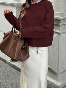 FOR BEAUTY Maglioni da donna autunno inverno bordeaux girocollo oversize in maglia pullover stile preppy stratificato casual chic estetica old money streetwear - Rosso precoce - Visualizzare 2