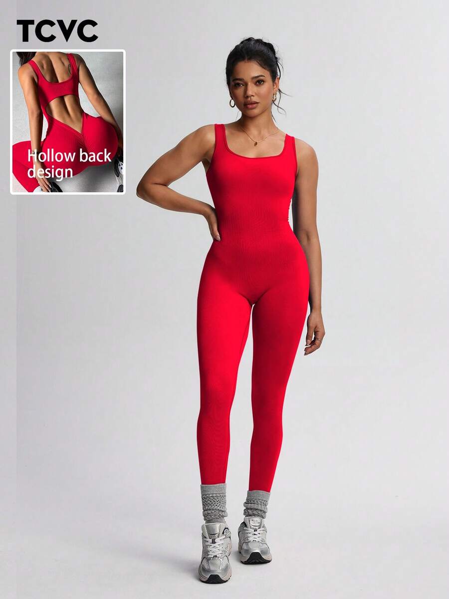 TCVC 女式露背无袖性感露背连体裤，无缝针织紧身衣，适合室内/室外运动和瑜伽，亲肤面料，紧身塑身连体裤 - 紅色 - 查看 1