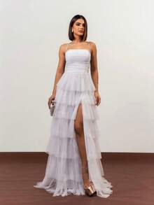 Tiered Prom Dress For Graduation And Bridesmaids. Elegant Conservative/Modest Sexy Casual Shiny Zipper Appliques Wedding Party Birthday Party Anniversary Party Graduation Party - 白色 - 查看 2