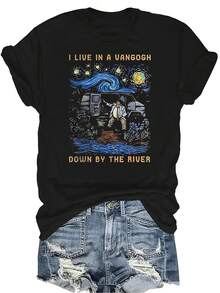 Camiseta "Vivo en una furgoneta junto al río" para mujer y unisex, de verano, casual, transpirable, con personalidad, cuello redondo, manga corta, ropa de calle, versátil, adecuada para adolescentes y adultos - Negro - Ver 1