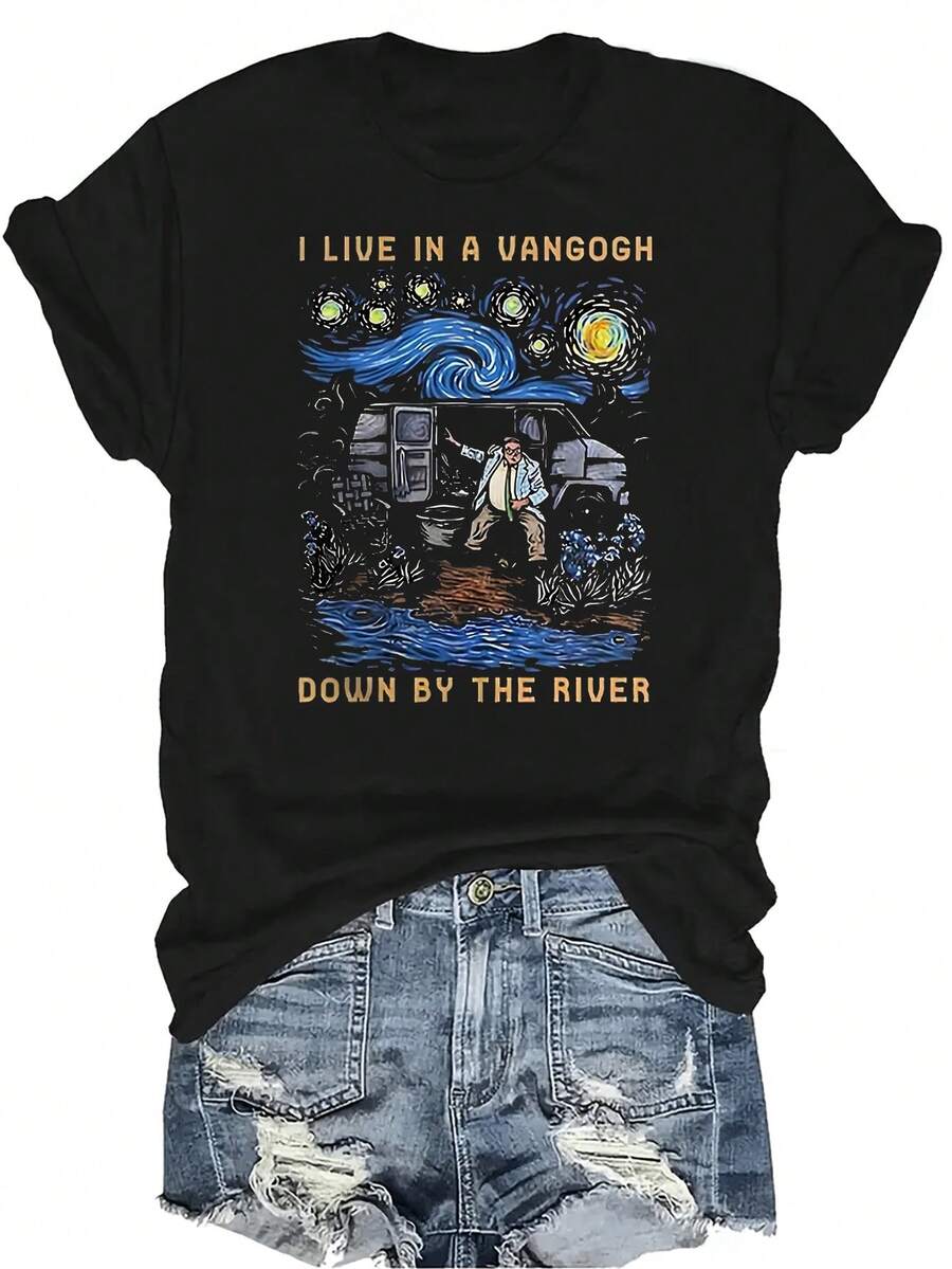 Camiseta "Vivo en una furgoneta junto al río" para mujer y unisex, de verano, casual, transpirable, con personalidad, cuello redondo, manga corta, ropa de calle, versátil, adecuada para adolescentes y adultos - Negro - Ver 1