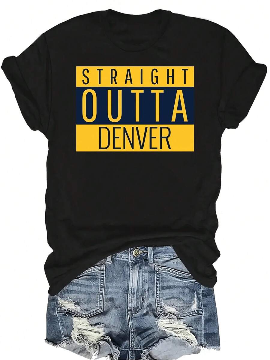 Camiseta de baloncesto "Straight Outta Denver" para mujer y unisex, de verano, casual, transpirable, con personalidad, cuello redondo, manga corta, ropa de calle, versátil, adecuada para adolescentes y adultos - Negro - Ver 1
