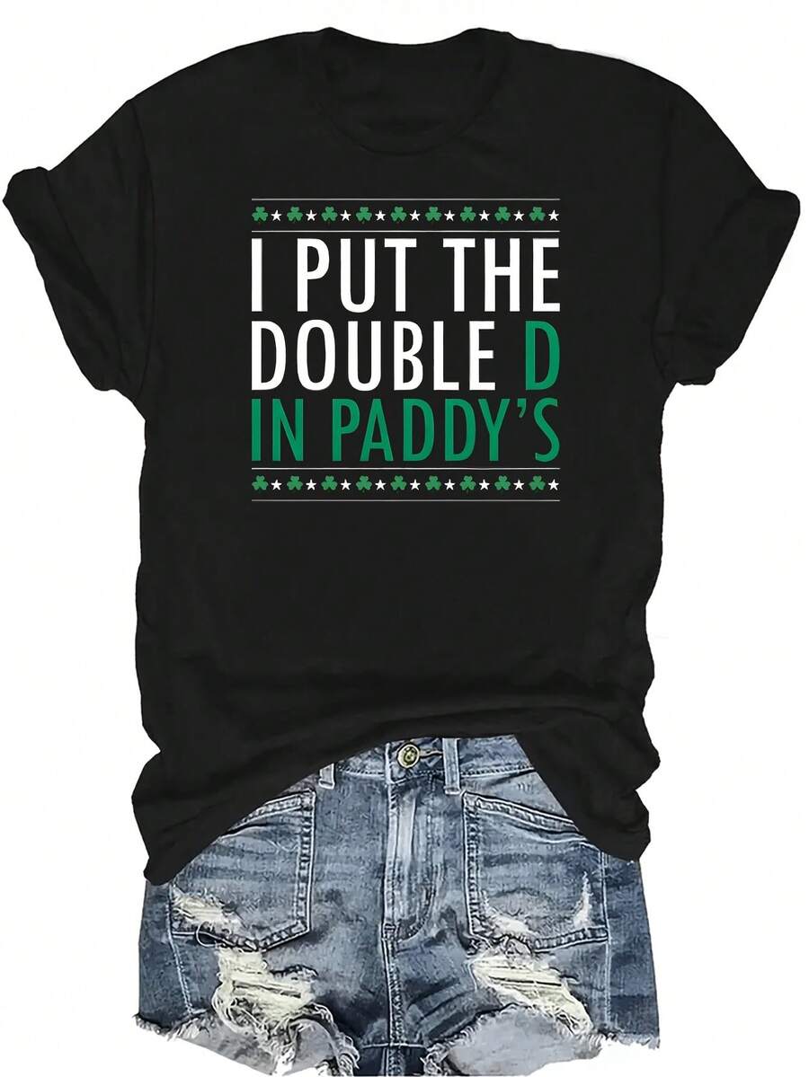 Camiseta para el Día de San Patricio "Pongo la doble D en Paddy" para mujeres y unisex, de verano, casual, transpirable, con personalidad, cuello redondo, manga corta, ropa de calle, versátil, adecuada para adolescentes y adultos - Negro - Ver 1