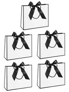 5/10个装 - 横款牛皮纸礼品袋，带蝴蝶结丝带手柄，横款纸质礼品袋，适用于婚礼伴娘回礼，男女通用，适用于生日、婚礼、伴娘派对回礼、购物零售（黑白）