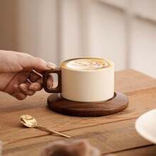 1 Set 250ml/8.45oz Cream-Color Thick Ceramic Coffee Mug With Saucer, Classic Straight Design, Heat-Resistant Handmade Coffee Cup, Highly Attractively Large Capacity Cup, Suitable For Coffee Art Tea Cup, For Home, Cafe And Gift - Multicolor - View 1