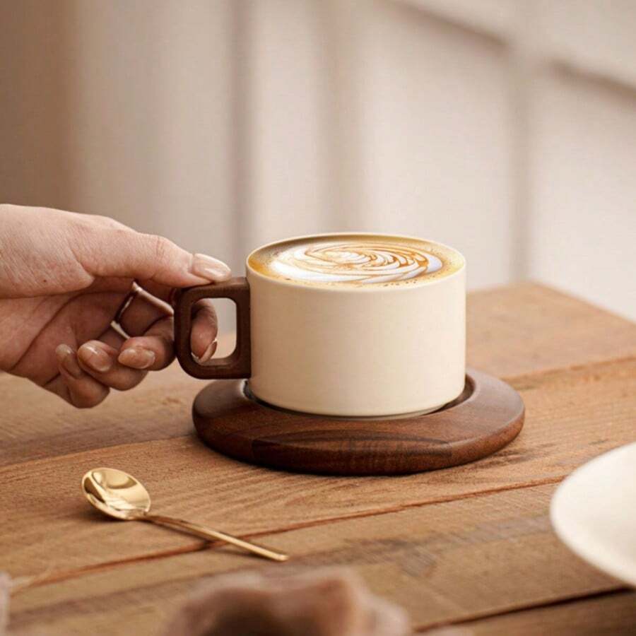 1 Set 250ml/8.45oz Cream-Color Thick Ceramic Coffee Mug With Saucer, Classic Straight Design, Heat-Resistant Handmade Coffee Cup, Highly Attractively Large Capacity Cup, Suitable For Coffee Art Tea Cup, For Home, Cafe And Gift - Multicolor - View 1
