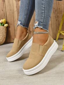 Mocasines planos color caqui para mujer, de unicolor, punta redonda, minimalistas, ligeros, de slip-on, zapatos de plataforma de moda, versátiles para todas las estaciones