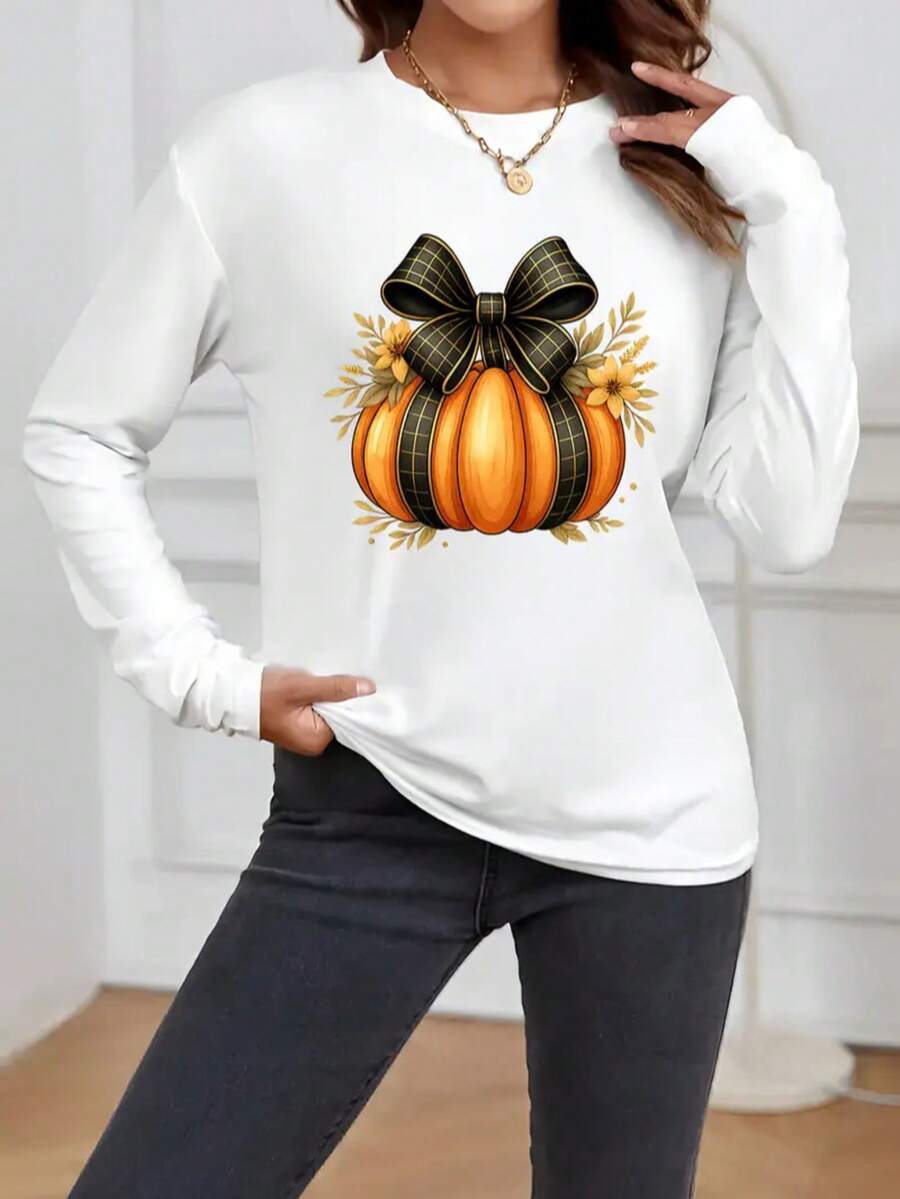 Fall Clothes For Women,Bow Pumpkin Gift Halloween Graphic Tees, For Home Or Outdoor,Comfortable Casual Fun Prints Long-Sleeved T-Shirts, Clothes Going Out Tops Women,Thanksgiving Theme For Party Gatherings