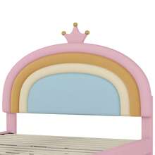 PRINCESS LOVESEAT SOFA BED PU LEATHER UPHOLSTERED LOW SOFA BED WITH BUTTON TUFTED CUTE CROWN HEADBOARD FOR KIDS, PINK
