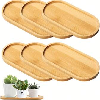 6 Pieces - Oval-Shaped Bamboo Tray, Versatile Wooden Tea Tray, Cosmetic And Small Potted Plant Tray, Wooden Tray For Home Decor, Bamboo Coaster, Wooden Dinner Plate, Tea, Coffee, Dessert Tray, Suitable For Home And Dining Decor,Not For Food Contact - Perfect For Coffee Table Desserts, Cakes, And Snacks | Ideal For Restaurants And Kitchen