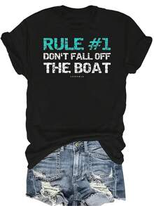 Camiseta "Regla 1: No te caigas del barco" para mujer y unisex, de verano, casual, transpirable, con personalidad, cuello redondo, manga corta, ropa de calle, versátil, adecuada para adolescentes y adultos - Negro - Ver 1