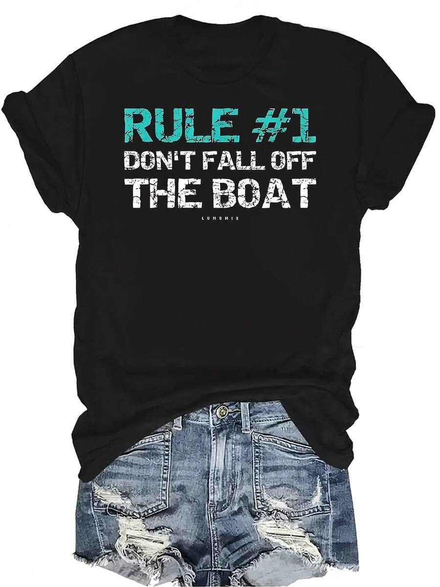 Camiseta "Regla 1: No te caigas del barco" para mujer y unisex, de verano, casual, transpirable, con personalidad, cuello redondo, manga corta, ropa de calle, versátil, adecuada para adolescentes y adultos - Negro - Ver 1
