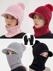 Set de 3 piezas de estilo coreano casual para mujer: gorro, bufanda, guantes, gorro de punto, adecuado para uso diario en otoño/invierno