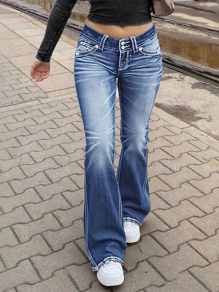 Women's Low-Rise Flared Jeans Stretch Trousers Double-Button Fly Butt-Lifting Pockets Sexy Y2K Retro Style Date Outfit - 深色水洗藍 - 查看 1