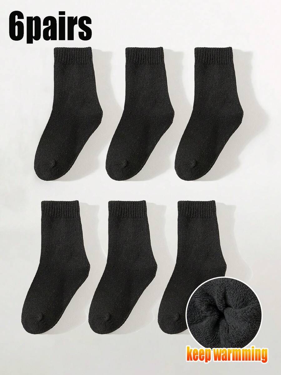 6 Pairs Kids Thermal Ribbed Socks, Solid Black Everyday Mid-Calf Socks, Suitable For Boys And Girls, Autumn/Winter, Fits Ages 1-3, 4-7, 8-12, Teens
