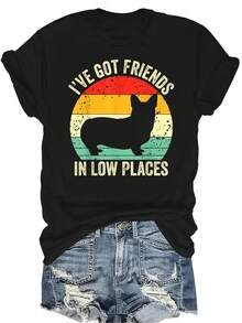 Camiseta de Corgi "Tengo amigos en lugares bajos" para amantes del Pembroke galés, para mujer y unisex, de verano, casual, transpirable, de personalidad, de cuello redondo, de manga corta, de streetwear, versátil, adecuada para adolescentes y adultos - Negro - Ver 1