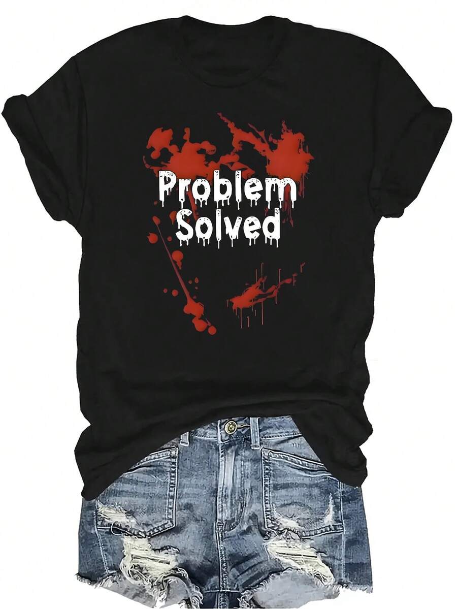 Camiseta con patrones interesantes para mujer y unisex, de verano, casual, transpirable, con cuello redondo, manga corta, estilo urbano y versátil, adecuada para adolescentes y adultos - Negro - Ver 1