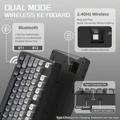  ATTACK SHARK X FREEWOLF M96 80% Wireless Gaming Keyboard, 94 Keys TKL LED Rechargeable Mechanical Feeling PBT Keyboard For Win, Bluetooth 5.0/2.4Ghz Dual Mode For Office/Gaming