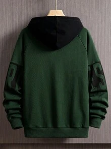 Men's Contrast Color Letter Print Drawstring Hoodie Sweatshirt, Fall
