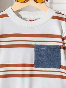 2 件套男童休闲条纹长袖运动衫和牛仔长裤套装，春秋季 - 黑與白 - 查看 3