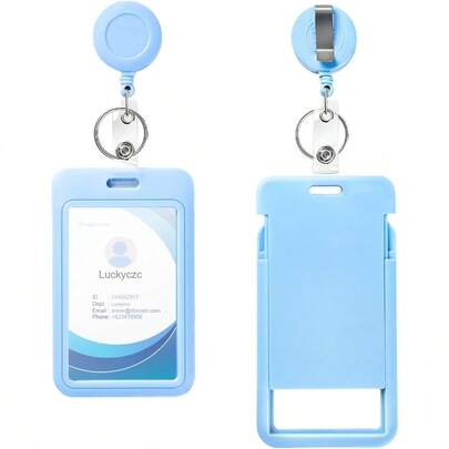 2 Pack ID Badge Holders With Retractable Badge Reel And Belt Clips Featuring Key Ring For Teachers Students Office Workers Nurses Volunteers And License Holders In Blue Color Designed For Vertical Wear Ideal For Daily Identification And Access Control In Educational Professional And Healthcare Environments