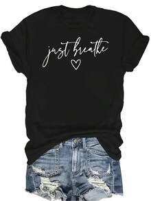 Camiseta de yoga "Just Breathe" para mujer y unisex, de verano, casual, transpirable, con personalidad, cuello redondo, manga corta, ropa de calle, versátil, adecuada para adolescentes y adultos - Negro - Ver 1